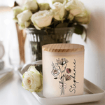 Personalized Birth Flower Bouquet LED Candle Jar with Name and Wooden Lid Christmas Birthday Gift for Family Friends