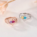 Personalized Double Heart Birthstones Zircon Ring with Engraved Name and Text Dainty Jewelry Valentine's Day Anniversary Birthday Gift for Women