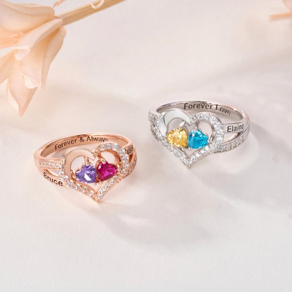 Personalized Double Heart Birthstones Zircon Ring with Engraved Name and Text Dainty Jewelry Valentine's Day Anniversary Birthday Gift for Women