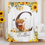 Manta personalizada con nombre e inicial de la vaca de las tierras altas Girasoles Suave decoración del hogar Cumpleaños Baby Shower Regalo para niños
