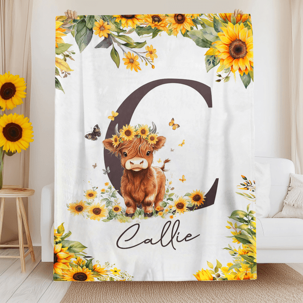 Manta personalizada con nombre e inicial de la vaca de las tierras altas Girasoles Suave decoración del hogar Cumpleaños Baby Shower Regalo para niños