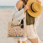 Grand Sac Cabas en Toile de Jute Personnalisé avec Fleur de Naissance et Nom Cadeau d’Anniversaire pour Femme