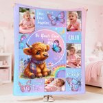 Spersonalizowany miękki koc do rzucania z imieniem i zdjęciem Kwiatowa krowa Highland Butterfly Dekoracja domu Baby Shower Prezent urodzinowy dla dziewczynek