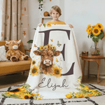 Manta personalizada con nombre e inicial de la vaca de las tierras altas Girasoles Suave decoración del hogar Cumpleaños Baby Shower Regalo para niños