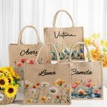 Grand Sac Cabas en Toile de Jute Personnalisé avec Fleur de Naissance et Nom Cadeau d’Anniversaire pour Femme