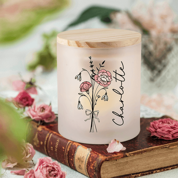 Personalized Birth Flower Bouquet LED Candle Jar with Name and Wooden Lid Christmas Birthday Gift for Family Friends