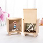Personalized Cute Cartoon Character Wooden Clear Piggy Bank Money Box with Name Birthday Children's Day Gift for Boys Girls