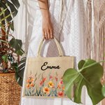 Grand Sac Cabas en Toile de Jute Personnalisé avec Fleur de Naissance et Nom Cadeau d’Anniversaire pour Femme