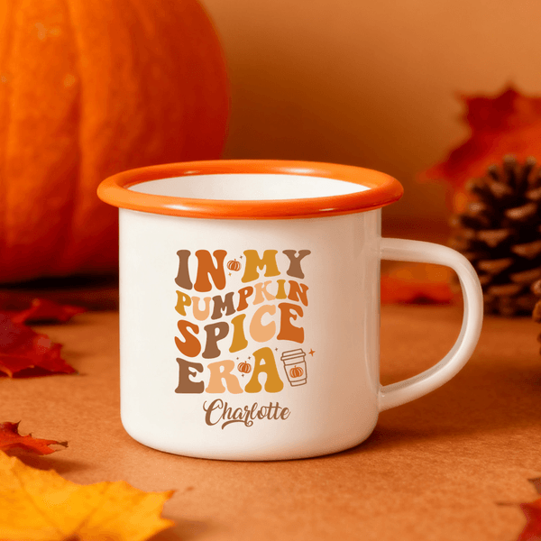 Personalised In My Pumpkin Spice Era 12 oz Enamel Mug with Name Thanksgiving Day Birthday Gift for Family Kids