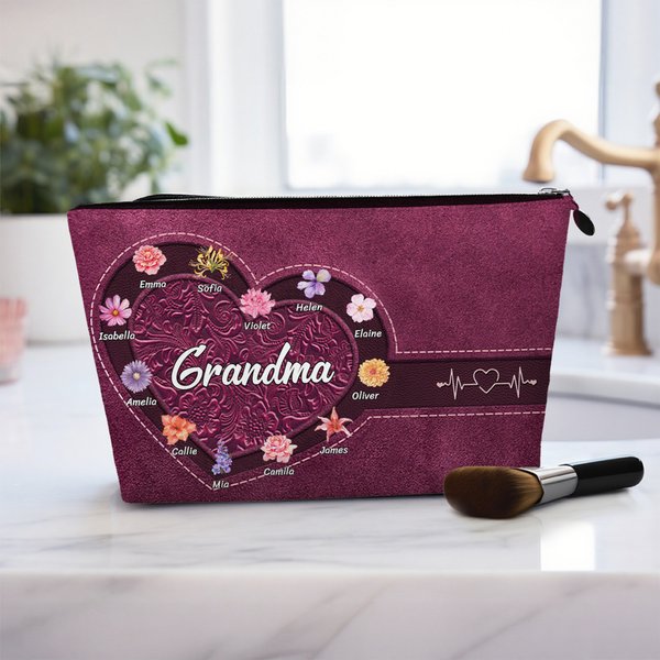 Spersonalizowana przenośna kosmetyczka Retro Heart Design 1-12 Birth Flowers z imieniem i tytułem Urodziny Rocznica Prezent Świąteczny dla Mamy Babci