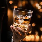 Decantador de whisky Highland Cow personalizado con texto y caja de madera Accesorio de bar Regalo de cumpleaños para hombres amantes del whisky