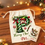 Personalized Merry Christmas Cute Elf Canvas Drawstring Gift Bag with Name and Initial First Christmas Party Favors for Kids Family