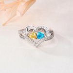Personalized Double Heart Birthstones Zircon Ring with Engraved Name and Text Dainty Jewelry Valentine's Day Anniversary Birthday Gift for Women