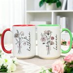 Bouquet de fleurs de naissance personnalisé 11 oz 15 oz Tasse à café en céramique avec nom Utilisation quotidienne Anniversaire Noël Cadeau pour la famille Ami