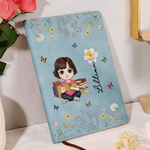 Libro personalizzato Personaggio della lettura dei cartoni animati A5 A6 Taccuino in pelle PU con nome e fiore di nascita Regalo di compleanno per topi di biblioteca