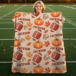 Personalised Football Autumn Pumpkin Maple Leaf Soft Throw Blanket with Names Home Decor Birthday Thanksgiving Day Gift for Football Lovers Family