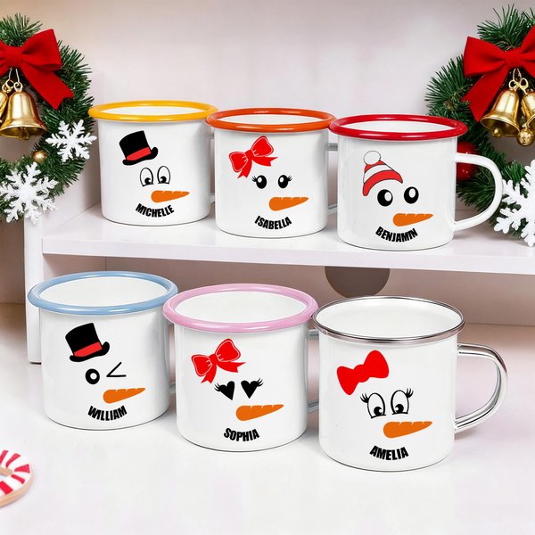 Personalised Cute Carrot Nose Snowman Face Design 12 oz Enamel Mug with Name Daily Use Christmas Gift for Kids