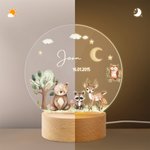 Luz nocturna LED personalizada con animales del bosque nombre y base de madera decoración para habitación regalo de cumpleaños para niños