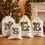 Personalized Merry Christmas Cute Elf Canvas Drawstring Gift Bag with Name and Initial First Christmas Party Favors for Kids Family