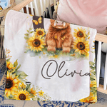 Manta personalizada con nombre e inicial de la vaca de las tierras altas Girasoles Suave decoración del hogar Cumpleaños Baby Shower Regalo para niños