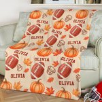 Personalised Football Autumn Pumpkin Maple Leaf Soft Throw Blanket with Names Home Decor Birthday Thanksgiving Day Gift for Football Lovers Family