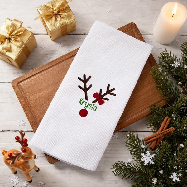 Personalized Embroidered Christmas Reindeer Waffle Tea Towel with Name Kitchen Decor Christmas Gift for Family Friend
