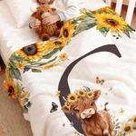 Manta personalizada con nombre e inicial de la vaca de las tierras altas Girasoles Suave decoración del hogar Cumpleaños Baby Shower Regalo para niños