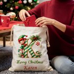 Personalized Merry Christmas Cute Elf Canvas Drawstring Gift Bag with Name and Initial First Christmas Party Favors for Kids Family