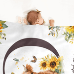 Manta personalizada con nombre e inicial de la vaca de las tierras altas Girasoles Suave decoración del hogar Cumpleaños Baby Shower Regalo para niños