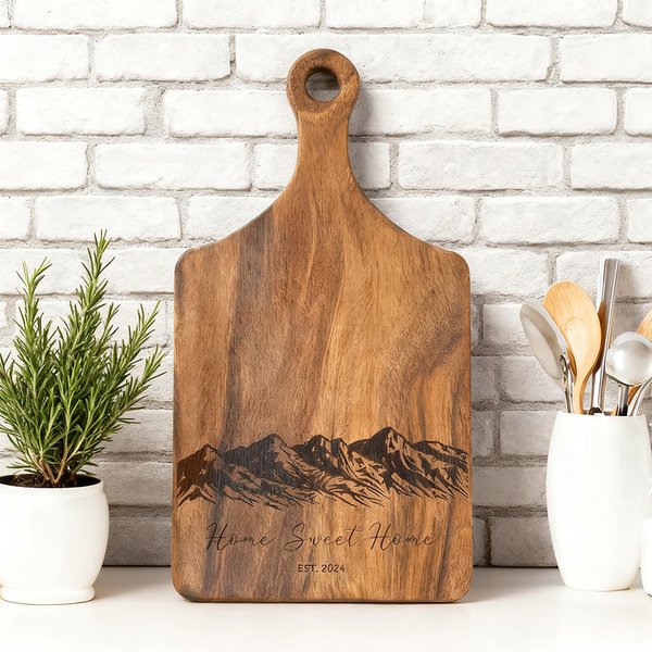 Personalized Engraved Flower Mountain Wood Charcuterie Cutting Board with Handle and Name Ship from USA Wedding Gift for Family