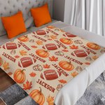 Personalised Football Autumn Pumpkin Maple Leaf Soft Throw Blanket with Names Home Decor Birthday Thanksgiving Day Gift for Football Lovers Family