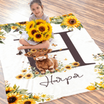 Manta personalizada con nombre e inicial de la vaca de las tierras altas Girasoles Suave decoración del hogar Cumpleaños Baby Shower Regalo para niños