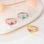 Personalized Double Heart Birthstones Zircon Ring with Engraved Name and Text Dainty Jewelry Valentine's Day Anniversary Birthday Gift for Women