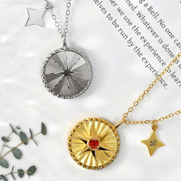 Personalized Hexagram Guardian Energy Coin Medal Necklace with Birthstone and Initial Dainty Family Jewellery Birthday Anniversary Gift for Women Men