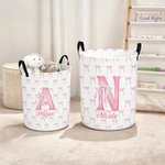 Personalized Large Waterproof Pink Coquette Bow Initial Name Laundry Basket with Handle Home Nursery Decor Birthday Gift for Baby Girl