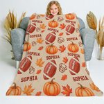 Personalised Football Autumn Pumpkin Maple Leaf Soft Throw Blanket with Names Home Decor Birthday Thanksgiving Day Gift for Football Lovers Family
