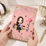 Libro Personalizado Cartoon Reading Character A5 A6 PU Leather Notebook with Name and Birth Flower Birthday Gift for Bookworms