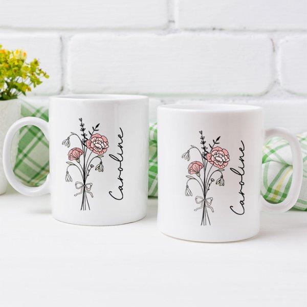 Bouquet de fleurs de naissance personnalisé 11 oz 15 oz Tasse à café en céramique avec nom Utilisation quotidienne Anniversaire Noël Cadeau pour la famille Ami