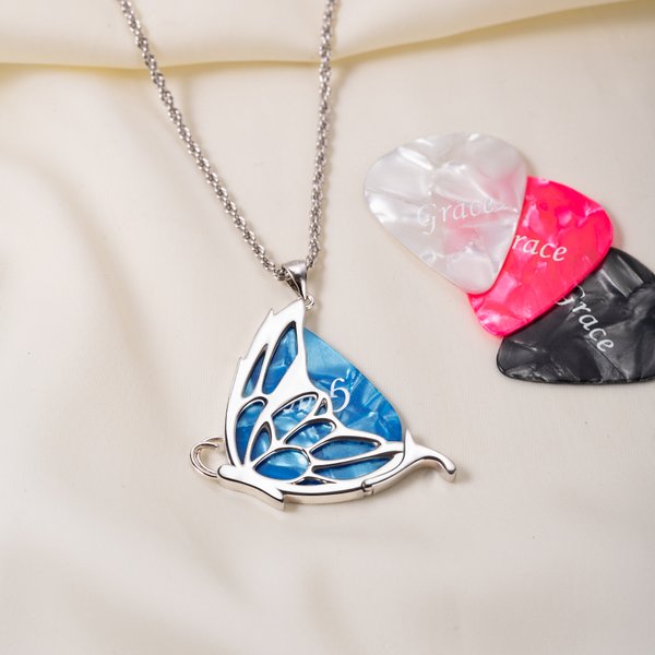 Personalised Butterfly Guitar Pick Dainty Necklace with Name Birthday Anniversary Gift for Music-Loving Women