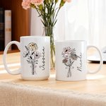 Bouquet de fleurs de naissance personnalisé 11 oz 15 oz Tasse à café en céramique avec nom Utilisation quotidienne Anniversaire Noël Cadeau pour la famille Ami