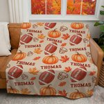 Personalised Football Autumn Pumpkin Maple Leaf Soft Throw Blanket with Names Home Decor Birthday Thanksgiving Day Gift for Football Lovers Family