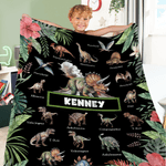 Coperta personalizzata floreale a tema dinosauro con nome, regalo di Natale e compleanno per bambini amanti dei dinosauri.