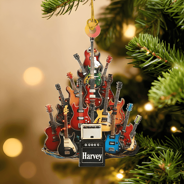 Personalised 2D Flat Electric Guitar Christmas Ornament with Name Christmas Gift for Guitarists Music Lovers