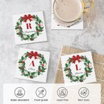 Sottobicchiere quadrato in ceramica con nome personalizzato con iniziali di ghirlanda natalizia, regalo di Natale per bambini e famiglia.
