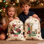 Sacco di tela personalizzato con iniziale e nome design natalizio fiocco di neve bomboniere per vigilia di Natale regalo per bambini 7