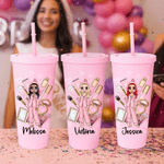 Personalised Cartoon Pyjama Girl Name 24 oz Plastic Water Bottle with Straw Pyjama Party Bridesmaid Birthday Gift for Women