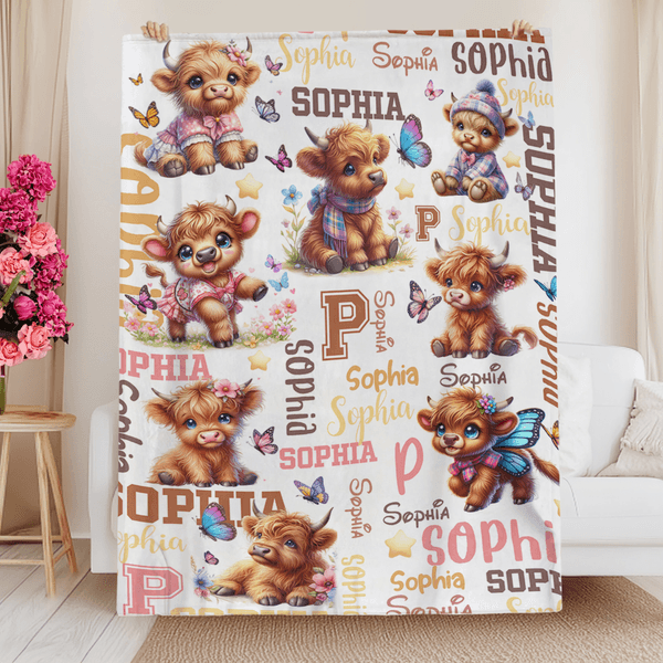Personalised Floral Highland Cow Butterfly Star Soft Throw Blanket with Name and Initial Home Decor Baby Shower Birthday Gift for Kids Babies