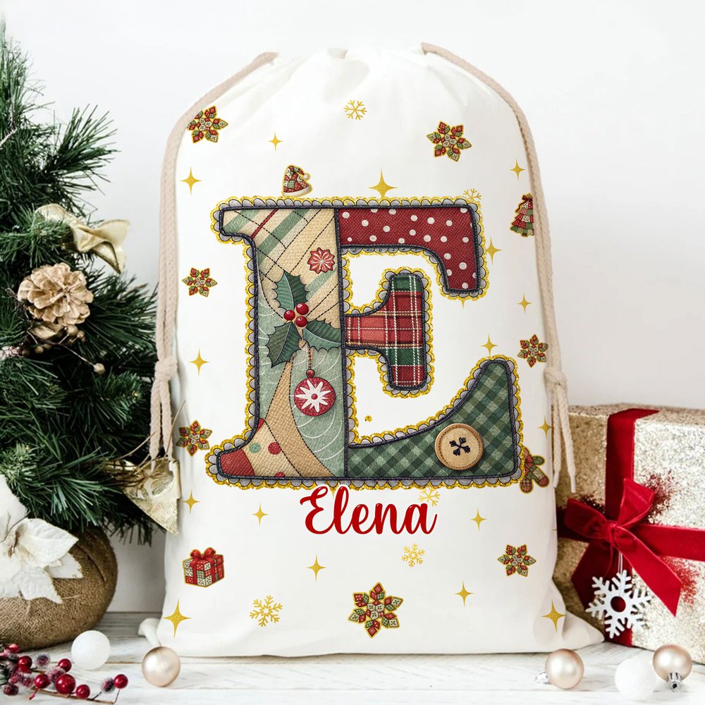 Sacco di tela personalizzato con iniziale e nome design natalizio fiocco di neve bomboniere per vigilia di Natale regalo per bambini 3