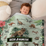 Coperta personalizzata floreale a tema dinosauro con nome, regalo di Natale e compleanno per bambini amanti dei dinosauri.