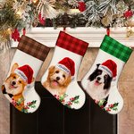 Personalised Santa Hat Plaid Oil Painting Photo Sweets Christmas Stocking with Name Christmas Decor Party Gift for Pet Lovers